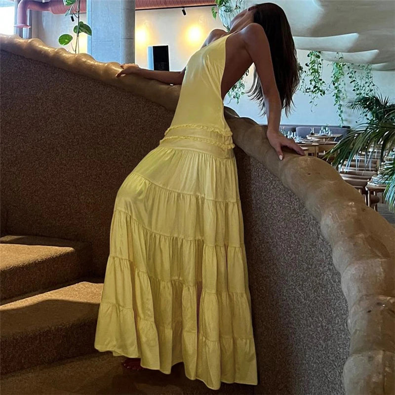 Off Shoulder Backless Evening Dress With Pleats And Ruffled Edges Diagonal Collar Floor Length