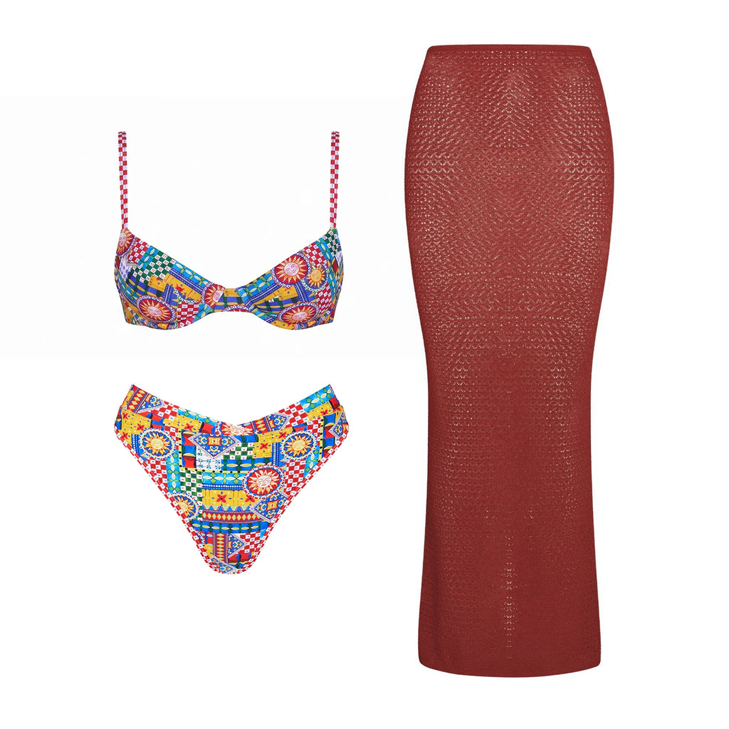 Paisley Print Bandeau Bikini Set With Sarong Cover Up 3Pcs For Women Beach Vacations