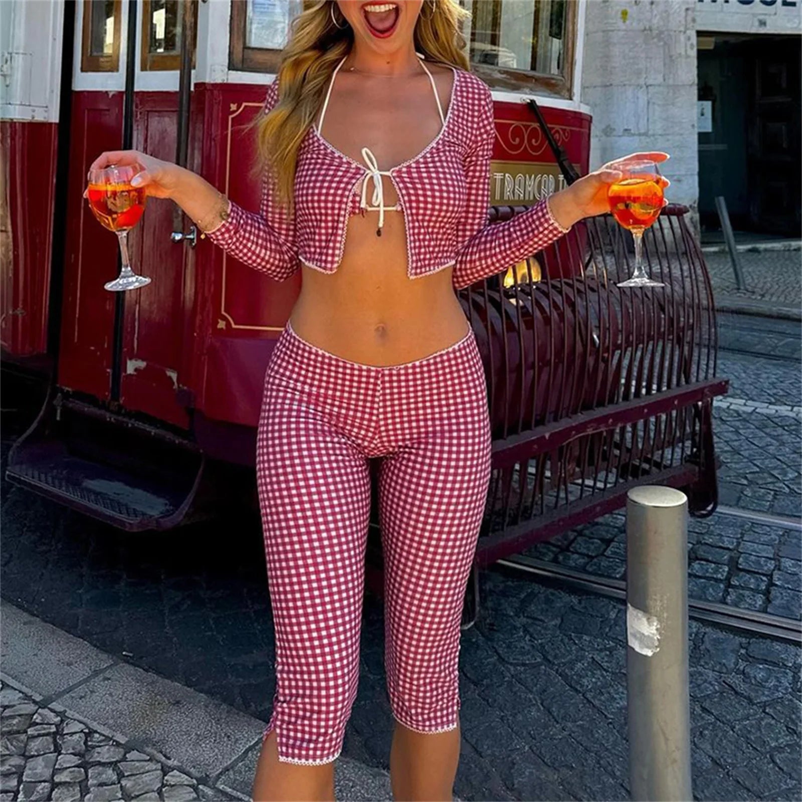 Chic Plaid Two Piece Set With Cropped Tie Front Top And Three Quarter Sleeve Capris
