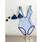 Blue And White Striped One Piece Swimsuit For Summer Vacation Chic Slim Fit Beachwear