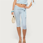 Women Solid Color Wrap Waist Tie Knot Capri Pants High Waist Fitted Cropped Leggings with Ruched Front