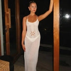 Floral Knit Strap Maxi Dress Backless Beach Cover Up For Summer Vacation And Resort Style