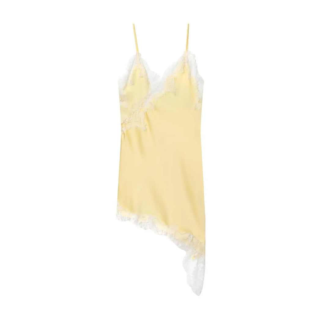 Lace Slip Mini Dress With Satin Backless Asymmetric Cut