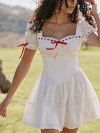 Vintage Bowknot White Dress With Square Collar Cotton Hollow Out