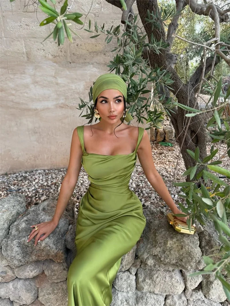 Elegant Satin Backless Halter Off-Shoulder Maxi Dress