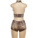 Snake Print Halter Backless Crop Top and Shorts Set Plunge Neck Bodycon Two Piece Clubwear