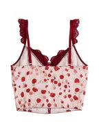 Women's Sweet Rose Floral Print Corset Top Lace Strap Bow Detail Bustier Crop Y2K Fashion Top