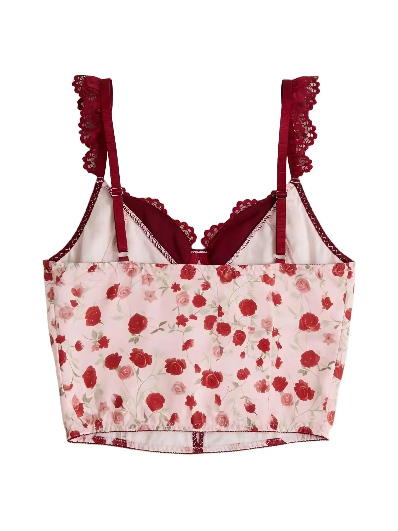 Women's Sweet Rose Floral Print Corset Top Lace Strap Bow Detail Bustier Crop Y2K Fashion Top