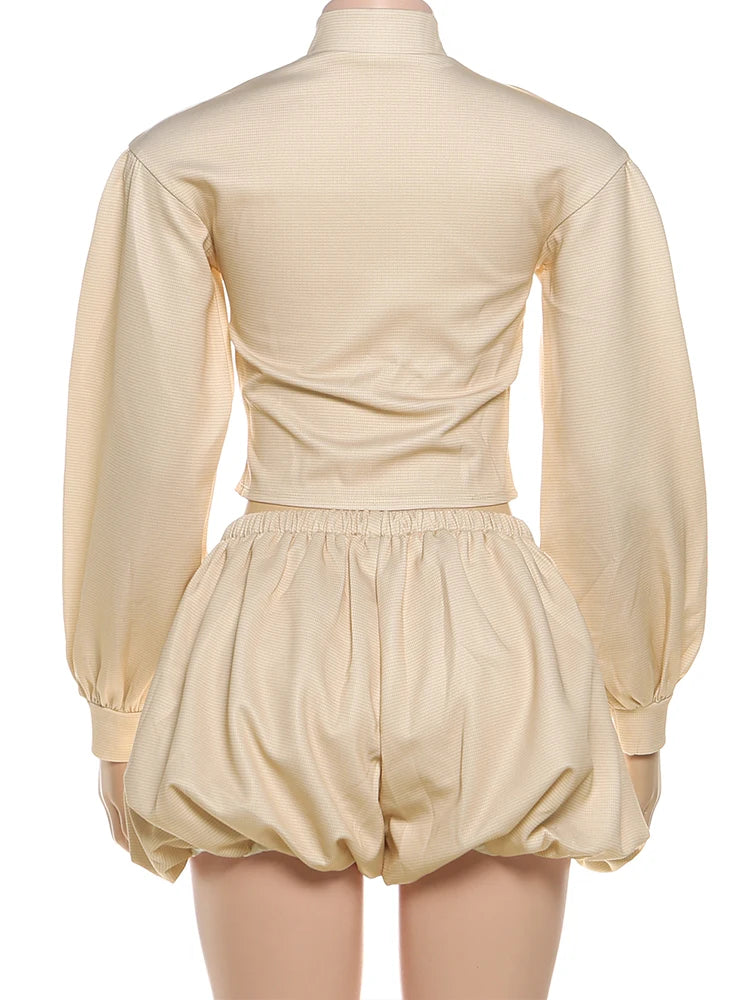 Stripe Zipper Cardigan And Ruched Mini Skirt Set