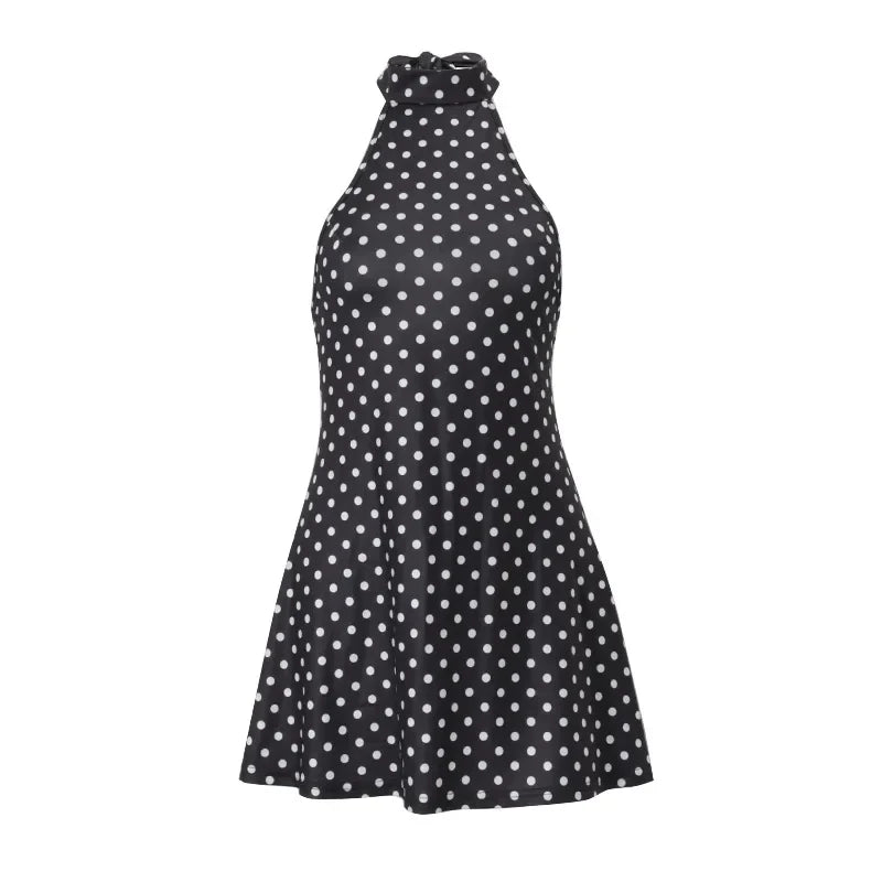 Elegant Off Shoulder Polka Dot Mini Dress Sleeveless Backless High Waist