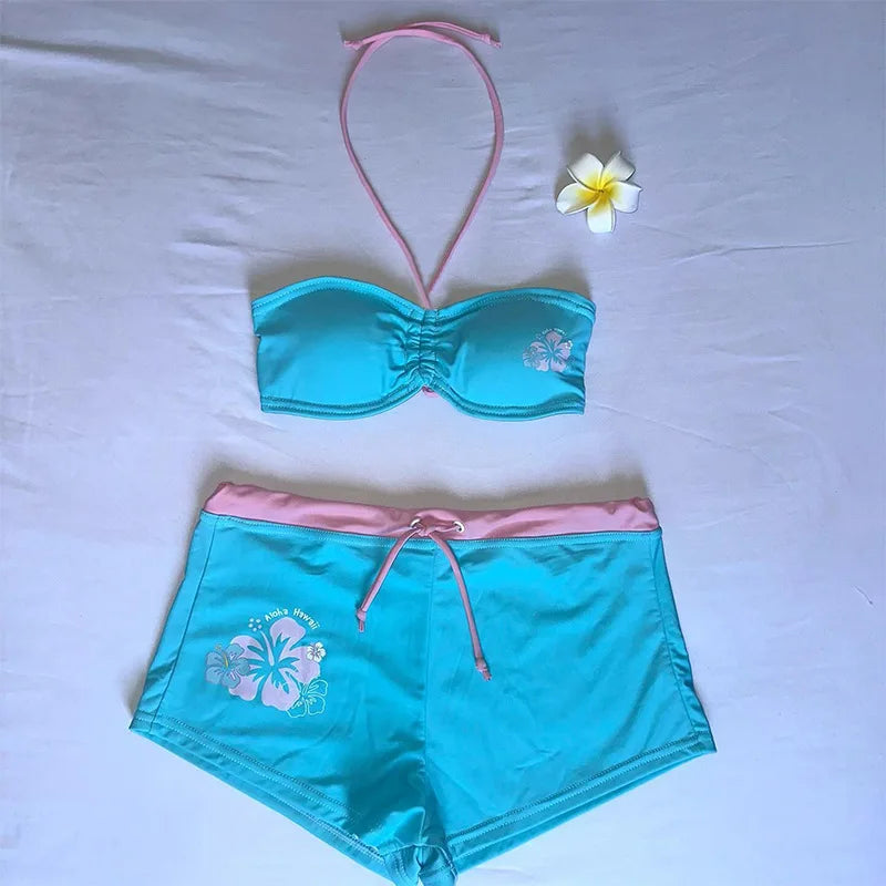 Tropical Floral Swimsuit Set With Neck Tube Top And Drawstring Shorts For Beach Leisure