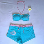 Tropical Floral Swimsuit Set With Neck Tube Top And Drawstring Shorts For Beach Leisure