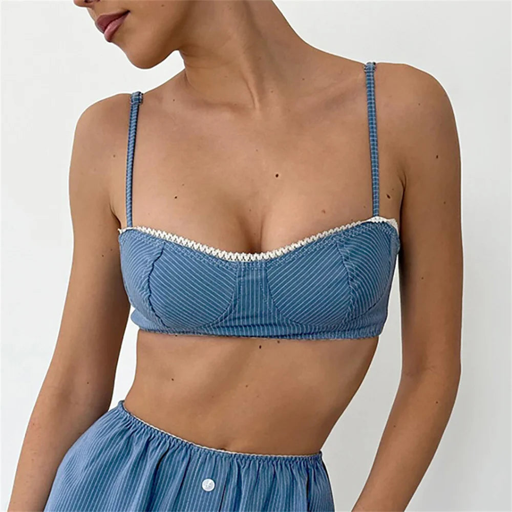 Crop Top Set With High Waist Shorts Spaghetti Strap Two- Piece