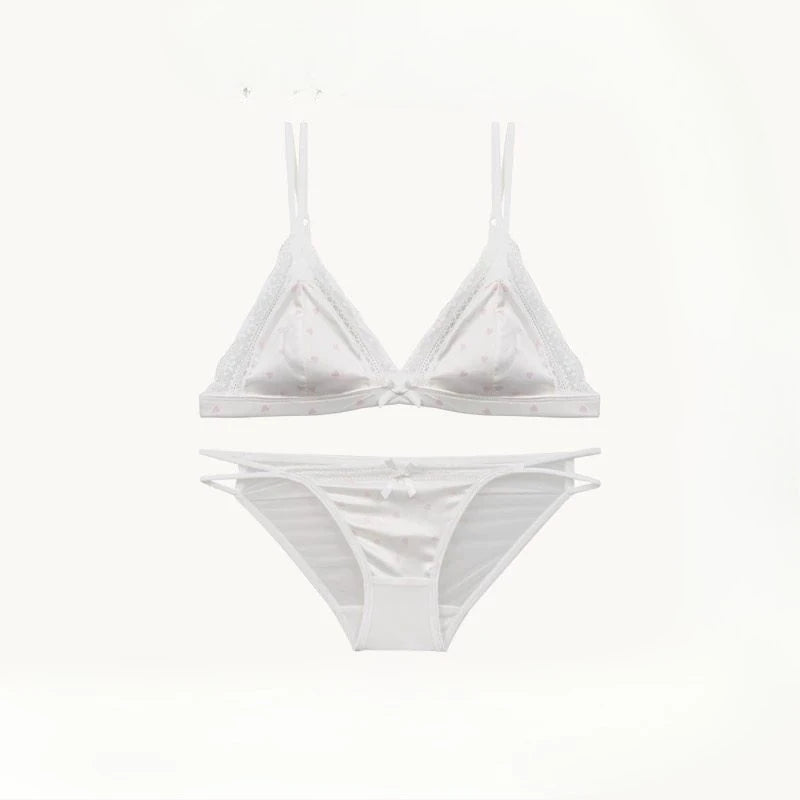 French Style Satin Lace Lingerie Set With Triangle Cups Wireless Soft Fabric Daily Wear