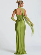 Elegant Satin Backless Halter Off-Shoulder Maxi Dress