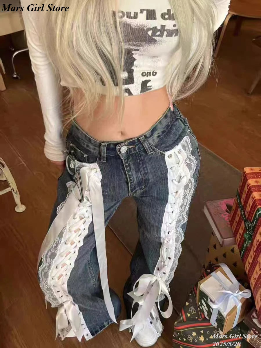 Vintage Lace Bow Patchwork Wide Leg Pants For Women With Grunge Streetwear Vibe Mood