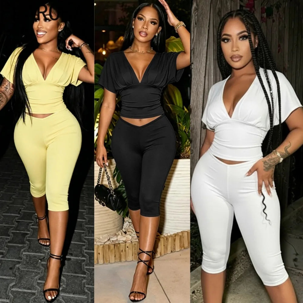 Two Piece Solid Color Set With Deep V Neck Ruched Crop Top And Capri Pants