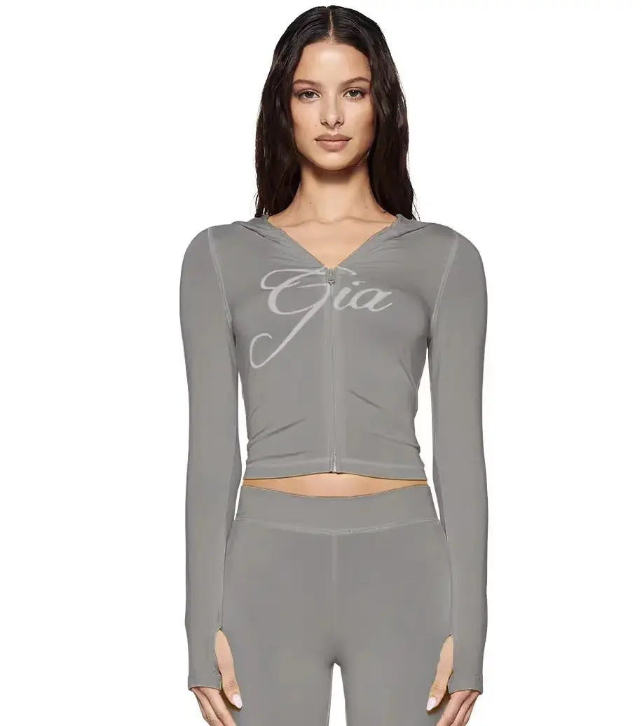 Two Piece Slim Fit Letter Print Hooded Zipper Jacket And Pants Set Open Thread Design