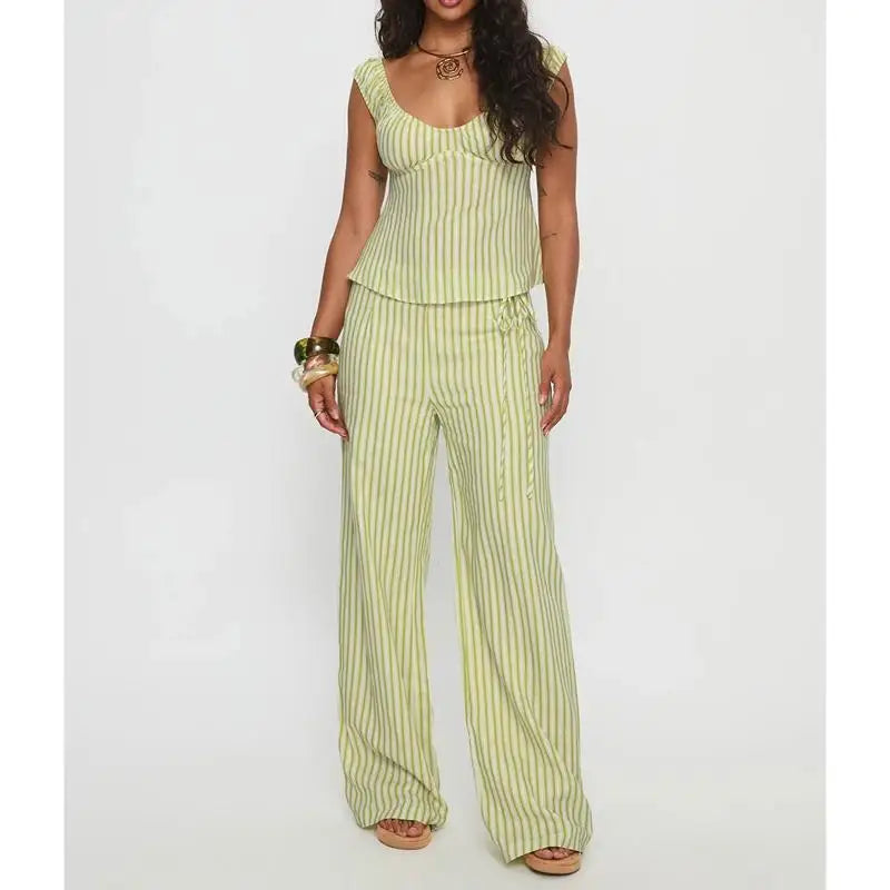 Striped Set With Backless V Neck Crop Top And Bow Belted Straight Pants