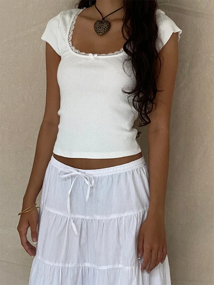 Vintage Cottagecore Knit Tee With Lace Trim And Square Neckline Milkmaid Crop Top
