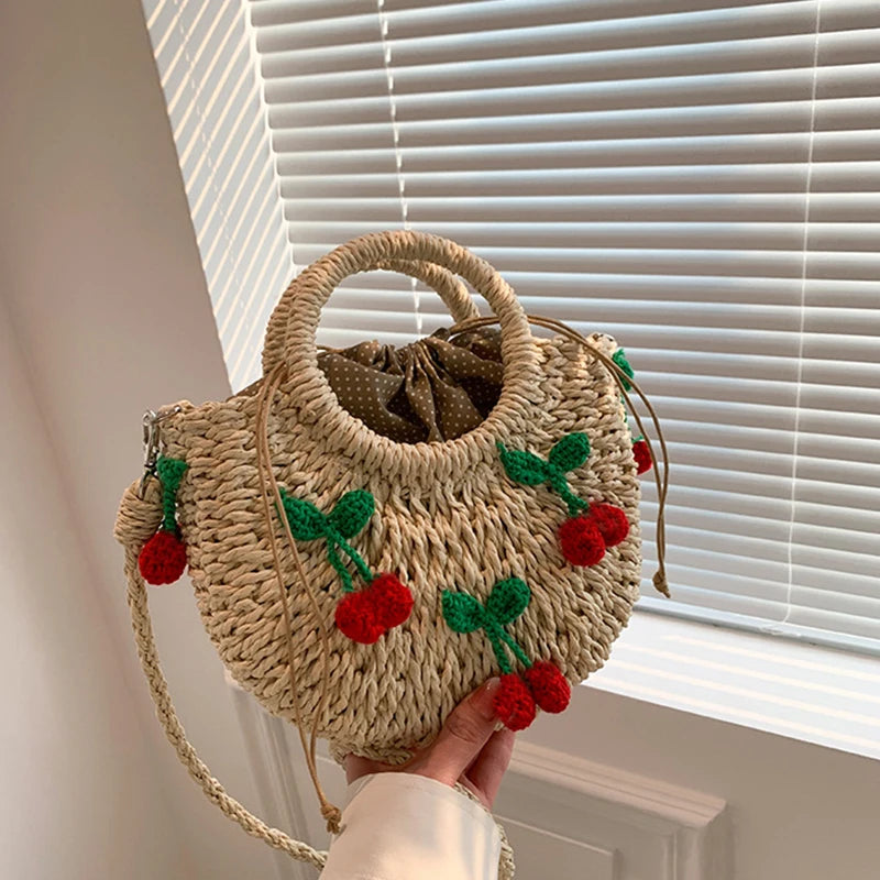 Cherry Deco Chic Shoulder Bag Mini Basket Purse Paper Weave Handmade