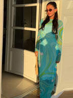 Sheer Mesh Body con Maxi Dress With Print