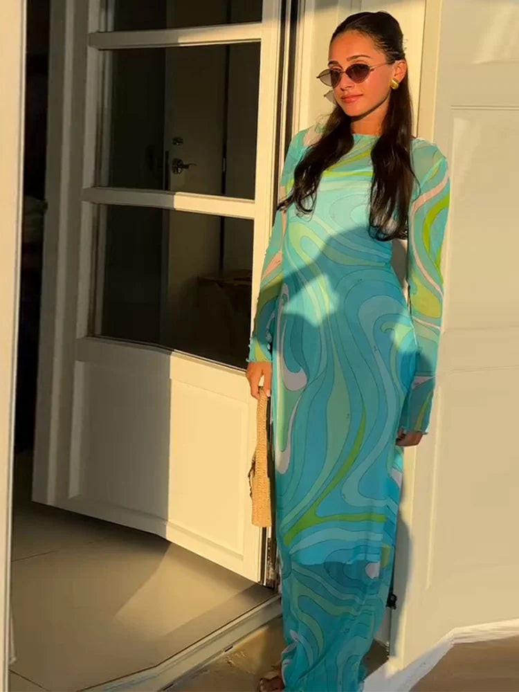 Sheer Mesh Body con Maxi Dress With Print