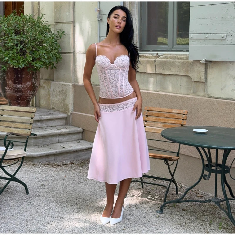 Delicate Lace Corset Cami And Midi Skirt Set Slim Fit Sleeveless Romantic Outfit