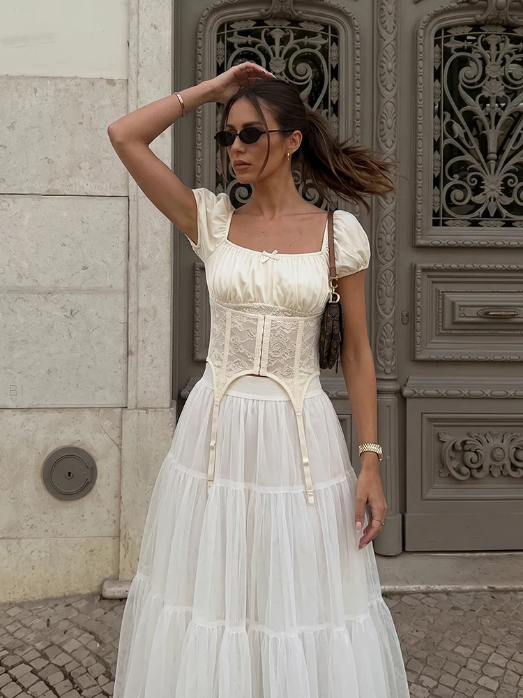 Female Slim Fit Square Neck Puff Sleeve Lace Ruched Corset Waist Short Blouse