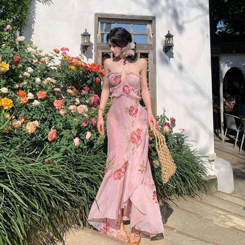 French Lace Trim Floral Neck Hanging Strap Dress