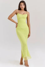 Elegant Mesh Patchwork Bodycon Dress With Spaghetti Straps And Double Layered Zipper Detail