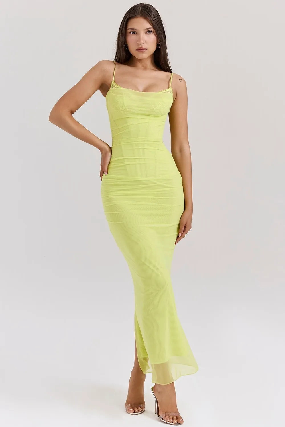 Elegant Mesh Patchwork Bodycon Dress With Spaghetti Straps And Double Layered Zipper Detail