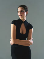 Button Cutout Turtleneck Top For Women Fitted Short Sleeve Knit With Stand Collar