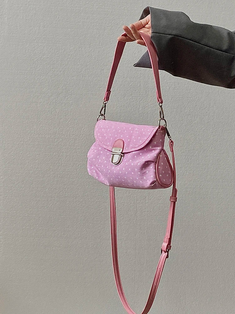 Contrast Color Star Print Crossbody Bag for Women Lightweight Shoulder Purse With Buckle