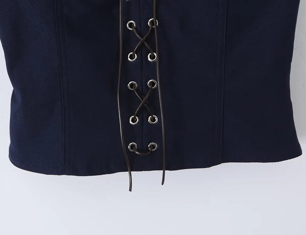 Women's Navy Blue Bustier Blouse With White Patchwork Lace-Up Front