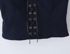 Women's Navy Blue Bustier Blouse With White Patchwork Lace-Up Front