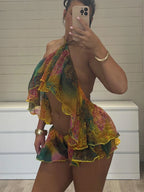 Vivid Beach Two Piece Set With Backless Halter Camisole And Shorts