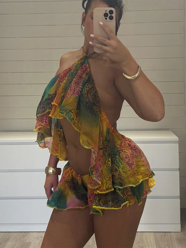 Vivid Beach Two Piece Set With Backless Halter Camisole And Shorts