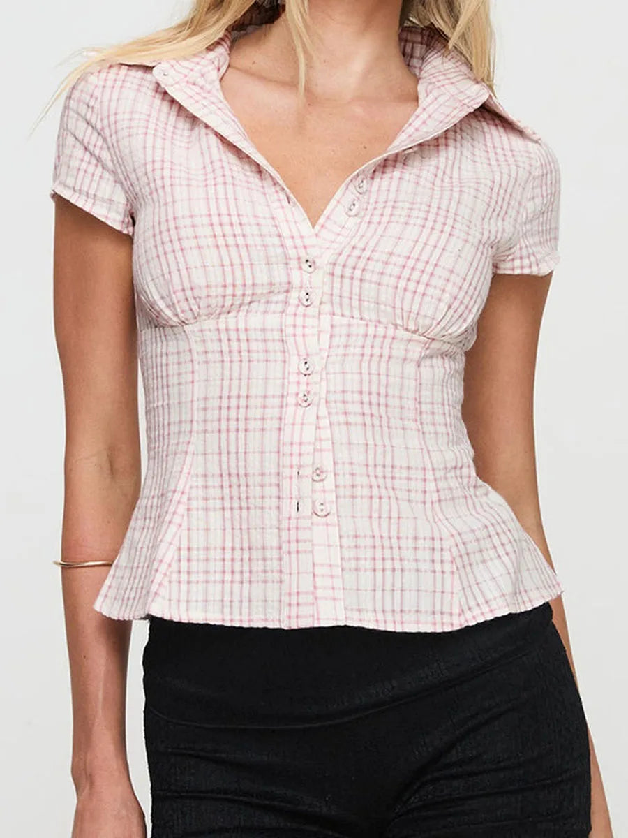 Vintage Plaid Button Down Shirt For Women Short Sleeve Blouse