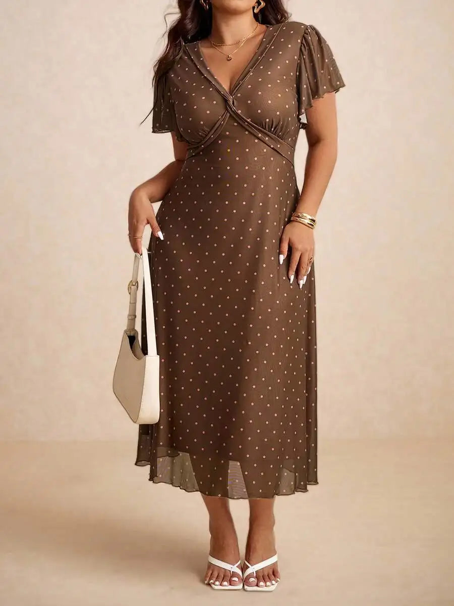 Plus Size Vintage Polka Dot Wrap Dress With V Neck And Short Sleeves Knee Length
