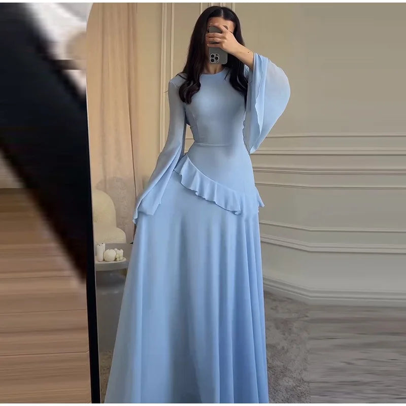 Flare Sleeve Maxi Dress With Ruffle Detail O Neck High Waist Pleated