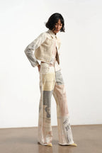 Women's Off White Wide Leg Jeans American Retro Loose Fit Printed Design Floor Length Denim Pants High Waist Trousers
