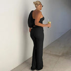Strapless Crop Top And High Waist Ruched Flare Pants Set