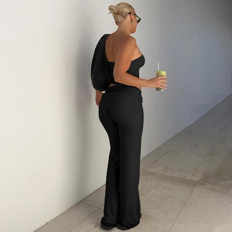 Strapless Crop Top And High Waist Ruched Flare Pants Set
