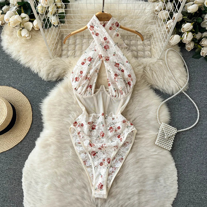 Floral Halter With Mesh Bodysuit
