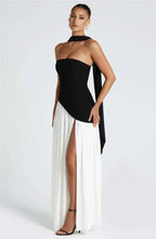 Elegant Off-Shoulder Evening Gown With Patchwork Pleats And Scarf Neck High Split Long Dress