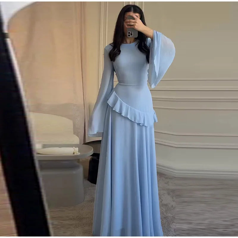 Flare Sleeve Maxi Dress With Ruffle Detail O Neck High Waist Pleated