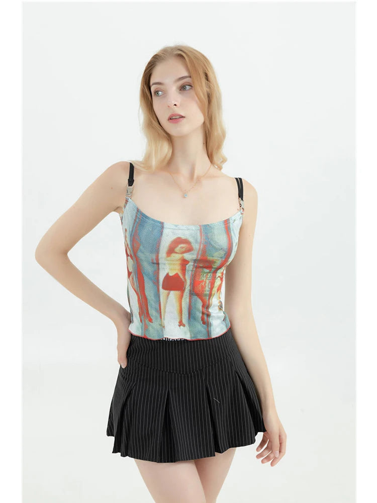 Flirty Vintage Graphic Spaghetti Strap Cami Top With Off Shoulder Flair
