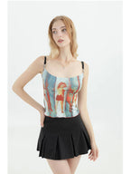 Flirty Vintage Graphic Spaghetti Strap Cami Top With Off Shoulder Flair