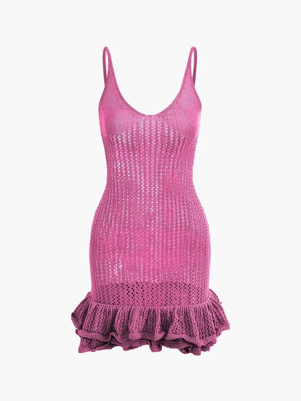 Open Knit Crochet Cami Mini Dress With Ruffle Hem